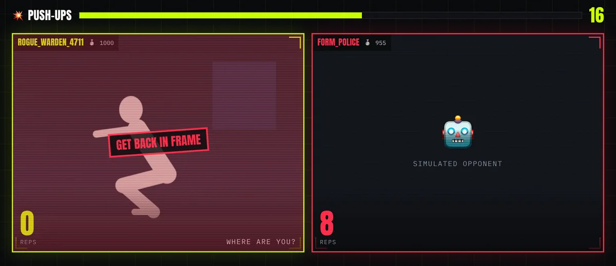 The battle screen during a push-up round: a timer bar with 16 seconds left, the player's camera on the left showing a grey mannequin with a Get back in frame warning and 0 reps, and the simulated opponent REPBOT on the right with 8 reps.