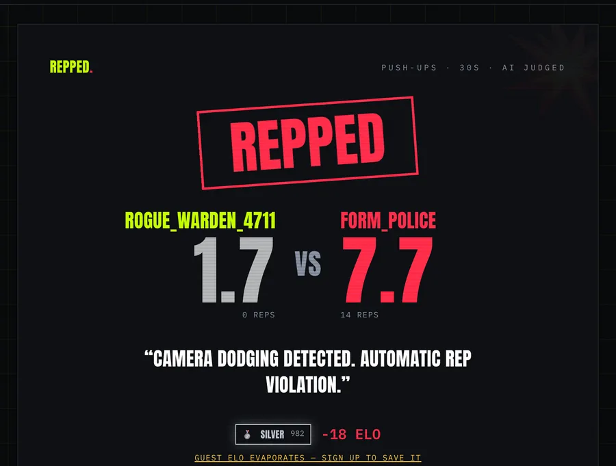 The result screen: a red Repped stamp, the player's score of 1.7 with 0 reps against the opponent's 7.7 with 14 reps, a one-line verdict, and minus 18 Elo under a Silver rank badge.
